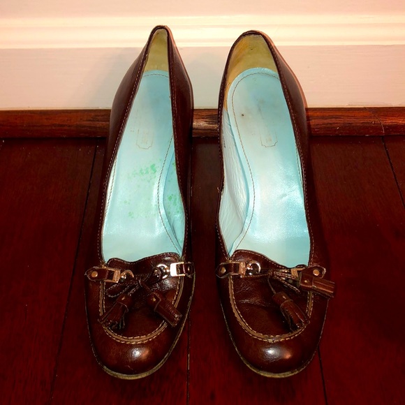 Coach Alma G heels brown leather loafer look tassels stacked heel pump - Picture 2 of 6